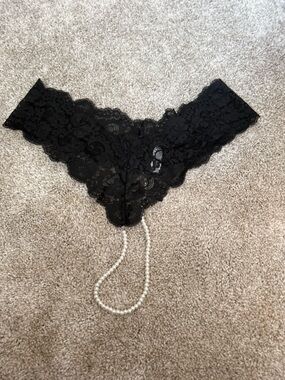 Adore Me Black Lace Crotchless Thong with Pearl Accent